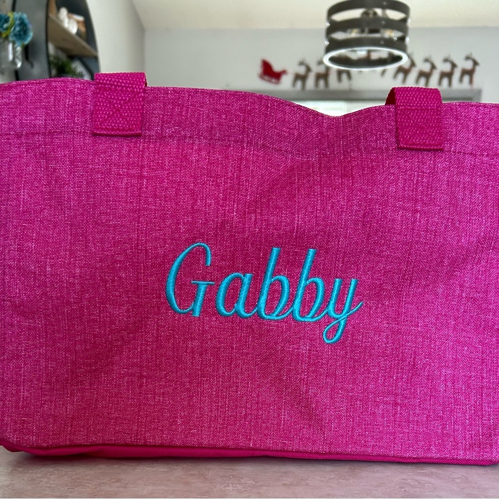 Thirty-One Pink Tote with Blue Embroidery